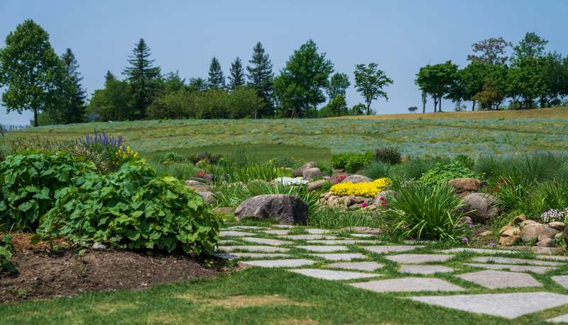 Elegant stone garden edging surrounding lush green flower beds in a well-maintained backyard